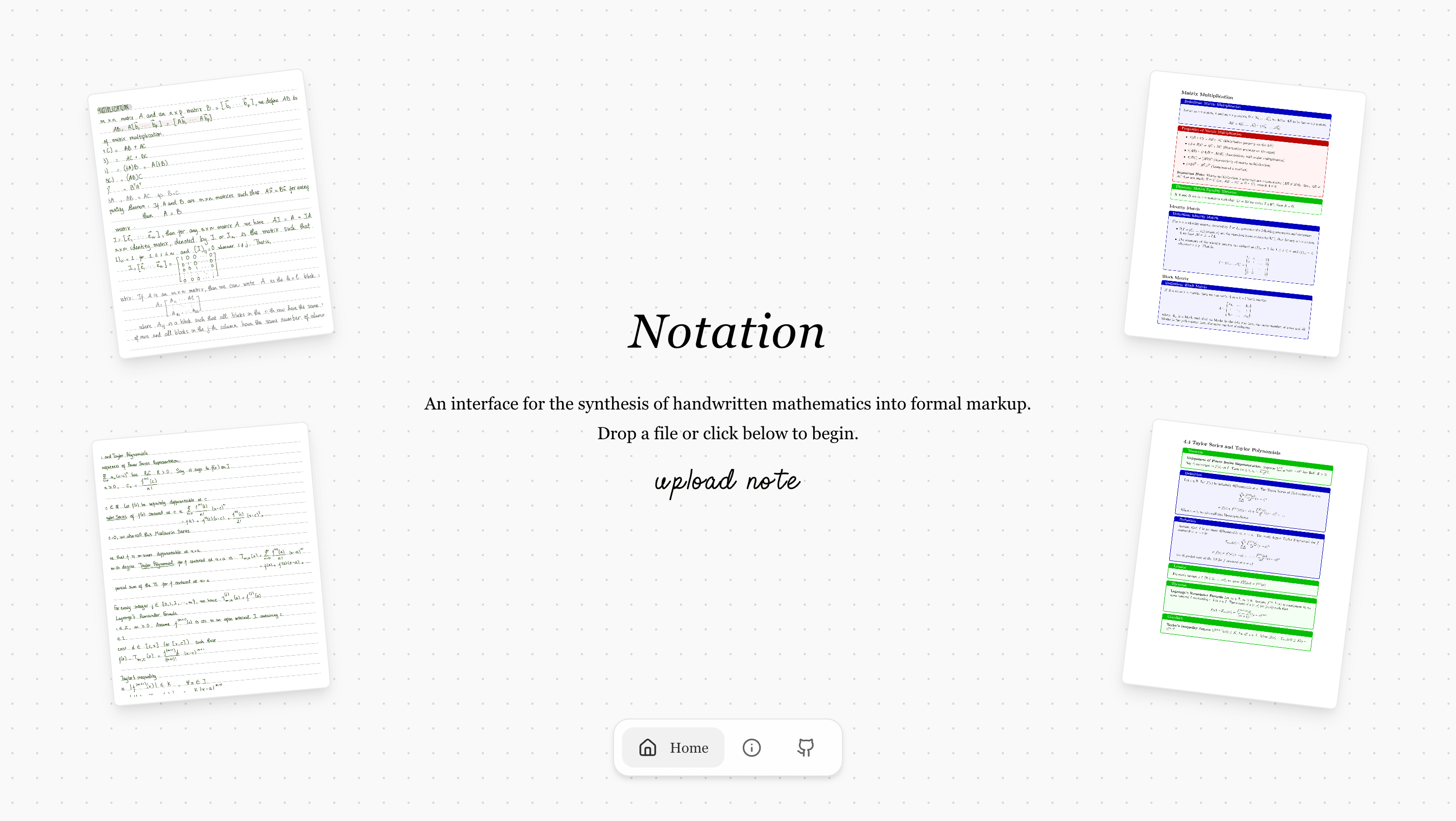 Notation interface showing handwritten notes alongside formatted mathematics